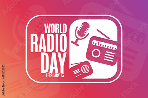 World Radio Day. February 13. Holiday concept. Template for background, banner, card, poster with text inscription. Vector EPS10 illustration.