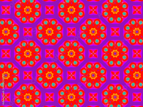 Colorful and vibrant repeating pattern in red  purple and blue. Energetic  hypnotic and positive surface print for fabric  packaging and wrapping. Concept of passion  sex appeal  love and enchantment.