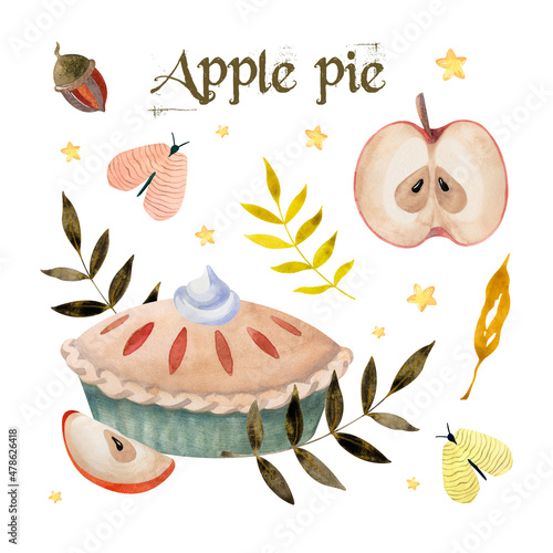Watercolor autumn set with cute apple elements for design. Apple pie, green leaves and butterflies