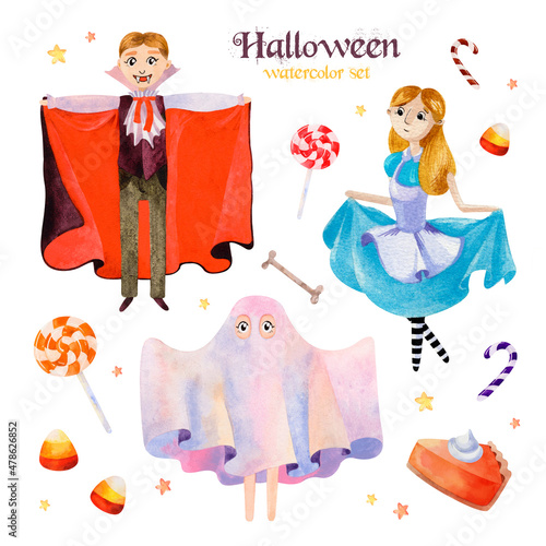 Watercolor Halloween set with cute elements for design. Costume party with vampire Dracula, Ghost and Alice