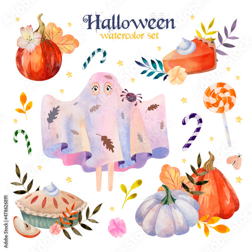 Watercolor Halloween set with cute elements for design. Costume party. Child in ghost costume and pumpkins