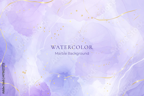 Violet lavender liquid watercolor marble background with golden lines. Pastel purple periwinkle alcohol ink drawing effect. Vector illustration design template for wedding invitation, menu, rsvp
