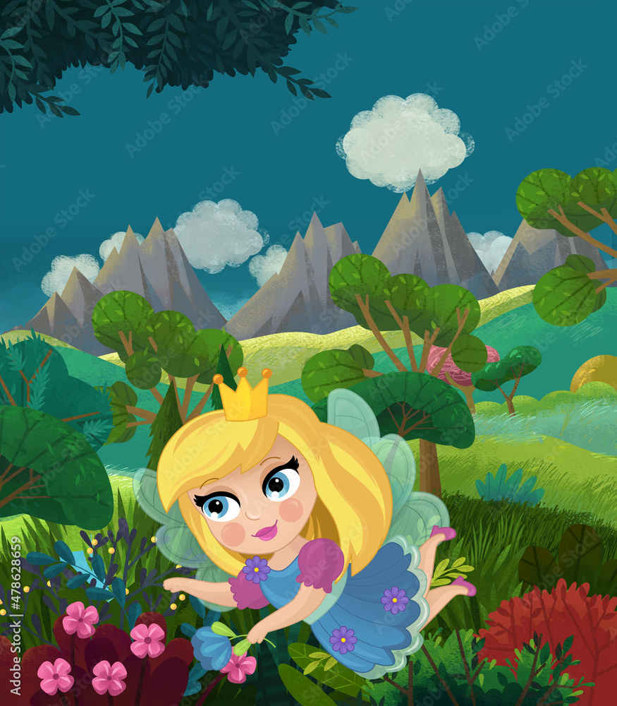 cartoon happy fairy tale scene with nature forest and funny elf cartoon happy fairy tale scene with nature forest and funny elf