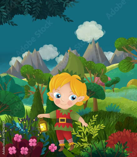 cartoon happy fairy tale scene with nature forest and funny elf