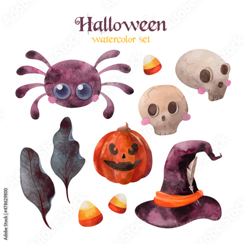 Halloween watercolor set with pumpkin Jack, sculls, cute spider and witch hat