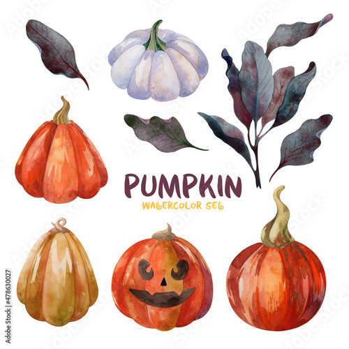 Halloween watercolor set with pumpkin Jack, blue and orange pumpkin