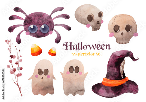 Halloween watercolor set with ghost, sculls, cute spider and witch hat