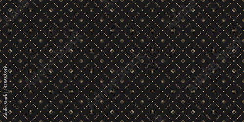 Abstract golden geometric seamless pattern in oriental style. Luxury vector background. Simple graphic ornament. Elegant minimal black and gold texture with floral shapes, diamond grid, lattice, mesh