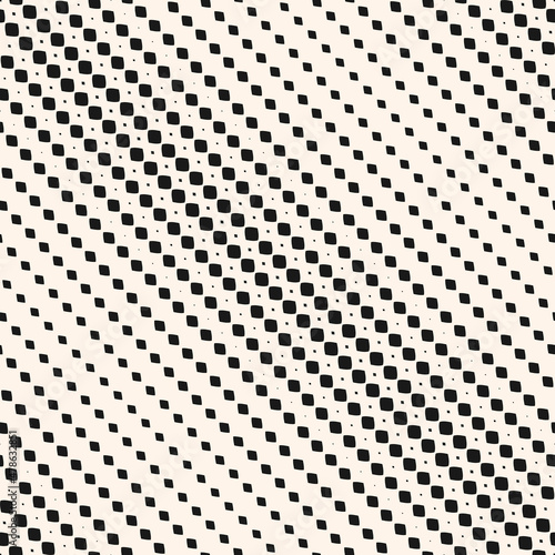 Vector diagonal halftone stripes seamless pattern. Geometric monochrome texture with gradient transition effect, small diamonds, rhombuses. Trendy abstract modern black and white graphic background