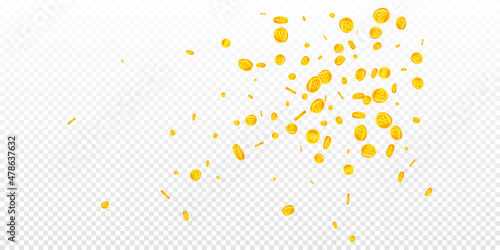 Korean won coins falling. Fine scattered WON coins. Korea money. Sublime jackpot, wealth or success concept. Vector illustration.