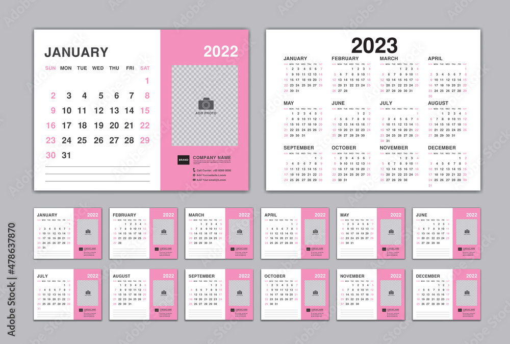 Calendar 2022 template, Desk Calendar planner 2022 and Set of 12 Months and calendar 2023 design