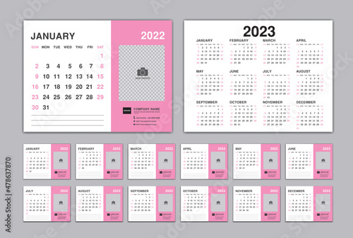 Calendar 2022 template, Desk Calendar planner 2022 and Set of 12 Months and calendar 2023 design, Wall calendar 2022 vector, Corporate design planner template, organization, printing, pink background