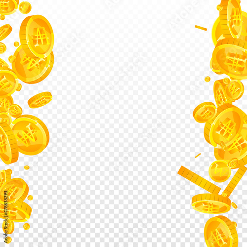 Korean won coins falling. Admirable scattered WON coins. Korea money. Grand jackpot, wealth or success concept. Vector illustration.