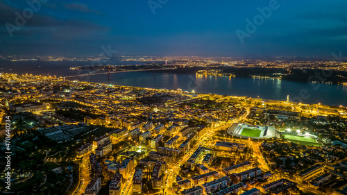 Lisbon cityscape during the night, aerial photo, drone.