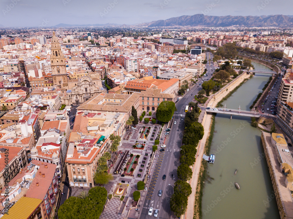 Aerial view of part of european city Murcia with coast line of segura river, Spain
