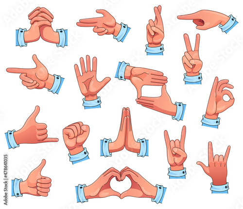 Set of hands gestures. Colorful vector isolated on white background.