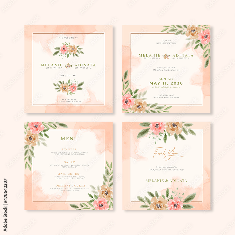Beautiful floral watercolor wedding square banner or social media post collection
