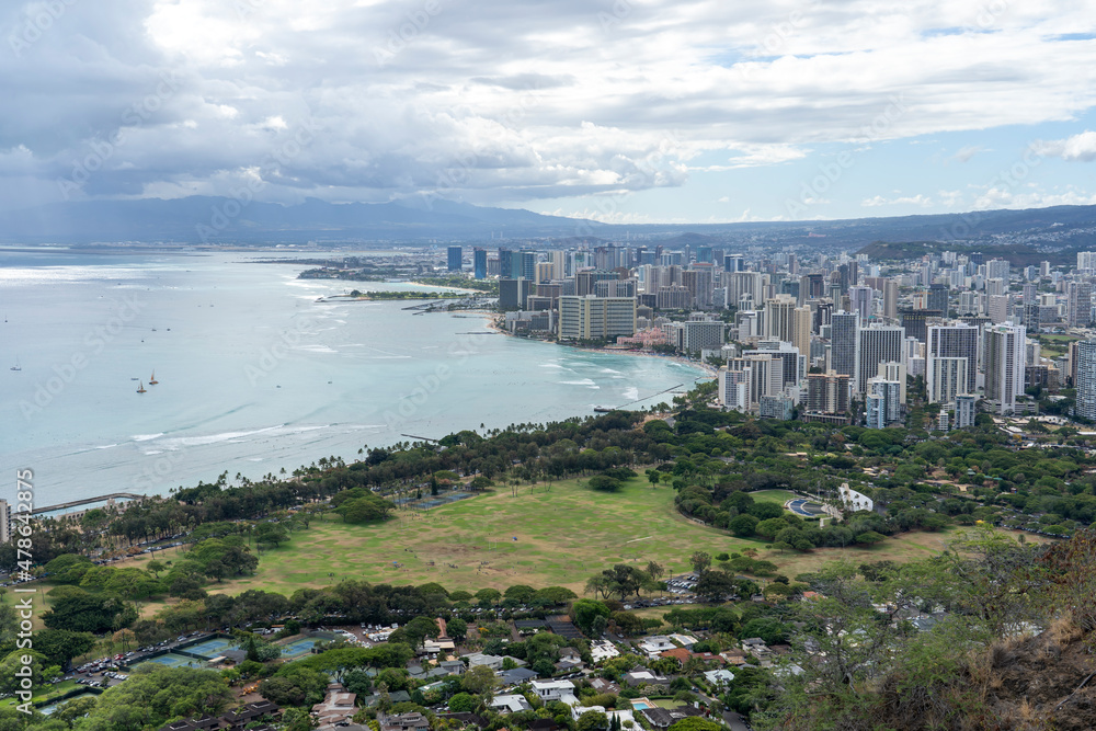 The view of Honolulu from the top of Diamond Head in Oahu, Hawaii