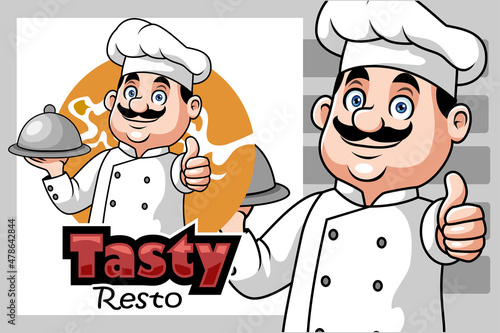 Cartoon chef holding a silver tray giving thumb up