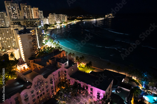 The view of Waikiki Beach at night in Oahu, Hawaii