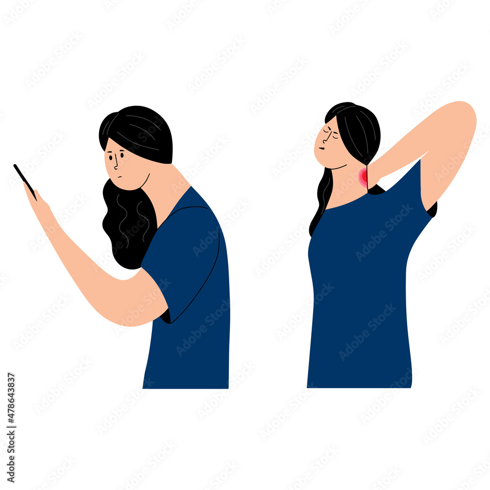 Fototapeta premium A young girl is experiencing neck pain from improper posture while using the phone. Vector illustration in flat style