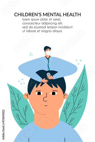 Doctor psychologist treats a little boy. The concept of helping the mental health of children. Vector illustration in a flat style.