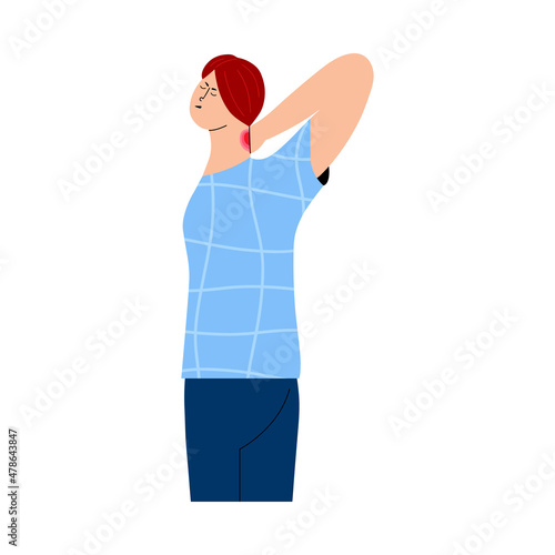 Neck pain. A symptom of inflammation of the cervical spine. The girl touches the sore spot with her hand. Osteochondrosis. Vector illustration in flat style