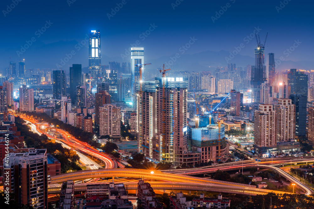 Beautiful wide-angle night aerial view of Shenzhen financial district Beautiful wide-angle night aerial view of Shenzhen financial district