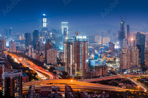 Beautiful wide-angle night aerial view of Shenzhen financial district