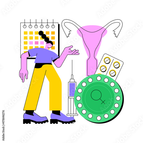 Female contraceptives abstract concept vector illustration. Female contraceptive drug, oral hormonal contraception pill, fertility control, family planning, pregnancy prevention abstract metaphor.
