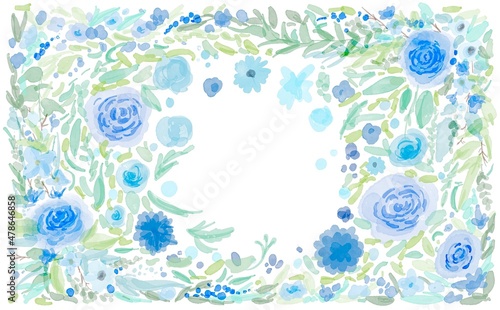 水彩の青い薔薇と草木の装飾フレーム Watercolor blue rose and vegetation decorative frame