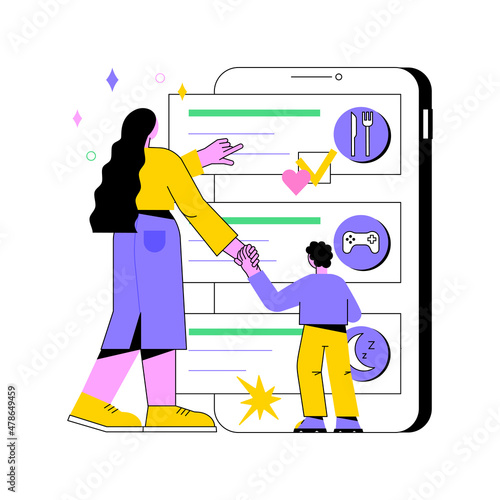 Kids routine app abstract concept vector illustration. Child routine mobile app, newborn application, toddler bedtime software, kids schedule solution, activity tracking abstract metaphor.