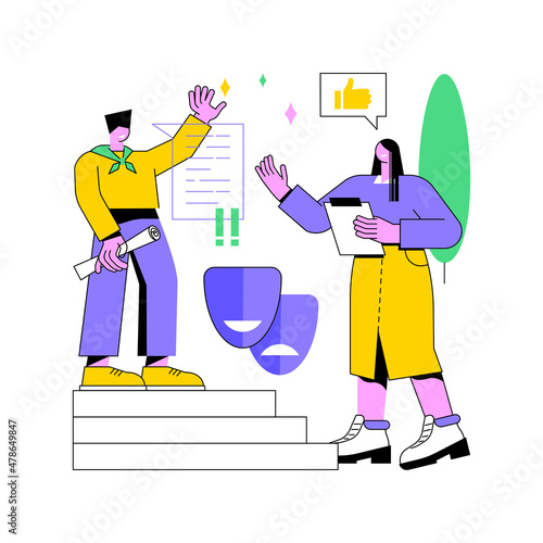 Theatre camp abstract concept vector illustration. Theatre training for kids, summer vacation camp, holiday acting program, young actor course, children drama school performance abstract metaphor.