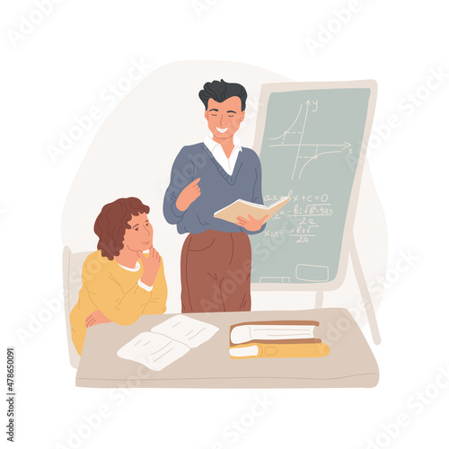 Math tutor isolated cartoon vector illustration. Math one-on-one teaching, algebra home-based tutoring, tutor drawing graphs and formulas on a whiteboard, academic coaching cartoon vector.