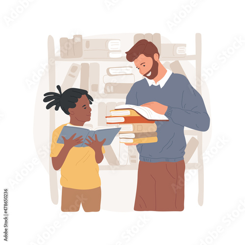 English language arts tutor isolated cartoon vector illustration. English creative writing, language arts teacher, reading comprehension, student and tutor with book in library cartoon vector.
