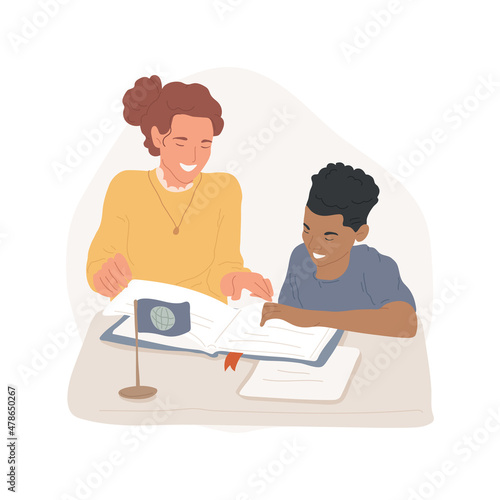 Foreign language tutor isolated cartoon vector illustration. Foreign languages education center, small flag at the table, tutor and student at the desk with book, private lesson cartoon vector.
