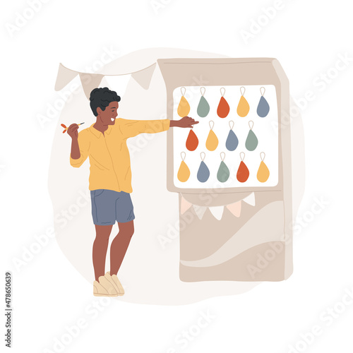 Balloon pop game isolated cartoon vector illustration. Board with colorful balloons, kid throwing dart, having fun, win a prize, school festival, pop game, outdoor fair activity cartoon vector.