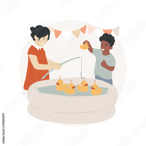 Duck fishing isolated cartoon vector illustration. Girl hooks a rubber duck from a pool, fishing out toys, game of luck for children, school fete, carnival activity, win a prize cartoon vector.