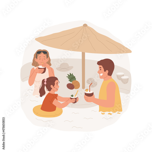 Swimming pool bar isolated cartoon vector illustration. Family drink coconut juice in swimming pool, holiday resort bar, tropical cocktail, poolside relaxation, family travel cartoon vector.