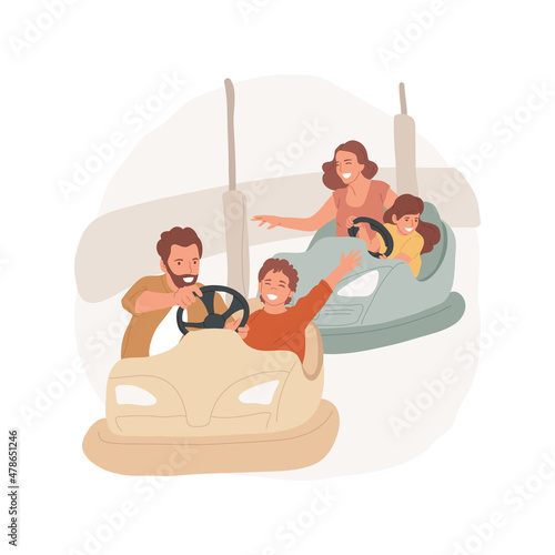 Bumper cars isolated cartoon vector illustration. Parents sit in small vehicles with children, electric bumper car attraction, having fun, family leisure time, amusement park cartoon vector.