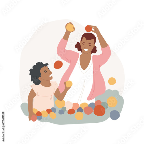 Ball pit isolated cartoon vector illustration. Child sliding in a ball pit, family leisure time, indoor home playground, entertainment for toddlers, kids playing in sensory pool cartoon vector.