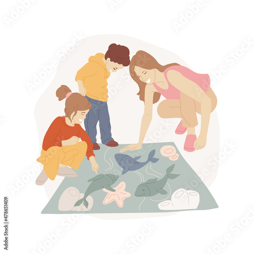 Floor interactive games isolated cartoon vector illustration. Interactive floor projection for kids, gesture game, children jumping, indoor virtual playground, leisure time cartoon vector.