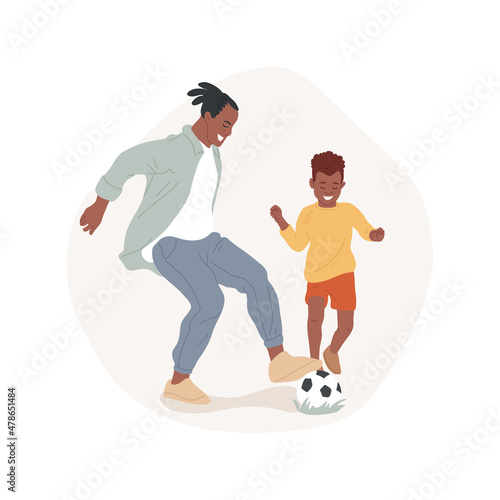 Football isolated cartoon vector illustration. Family leisure time outdoors, playing soccer on backyard, father and son play ball on a grass, sport yard game, fun football cartoon vector.