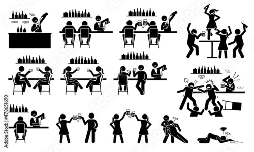 People drinking beer and wine at bar. Vector illustration stick figures of bartender, male and female friends drinking alcohol, girl dancing on table, clinking beer glass, bar fight, and drunk at bar. photo