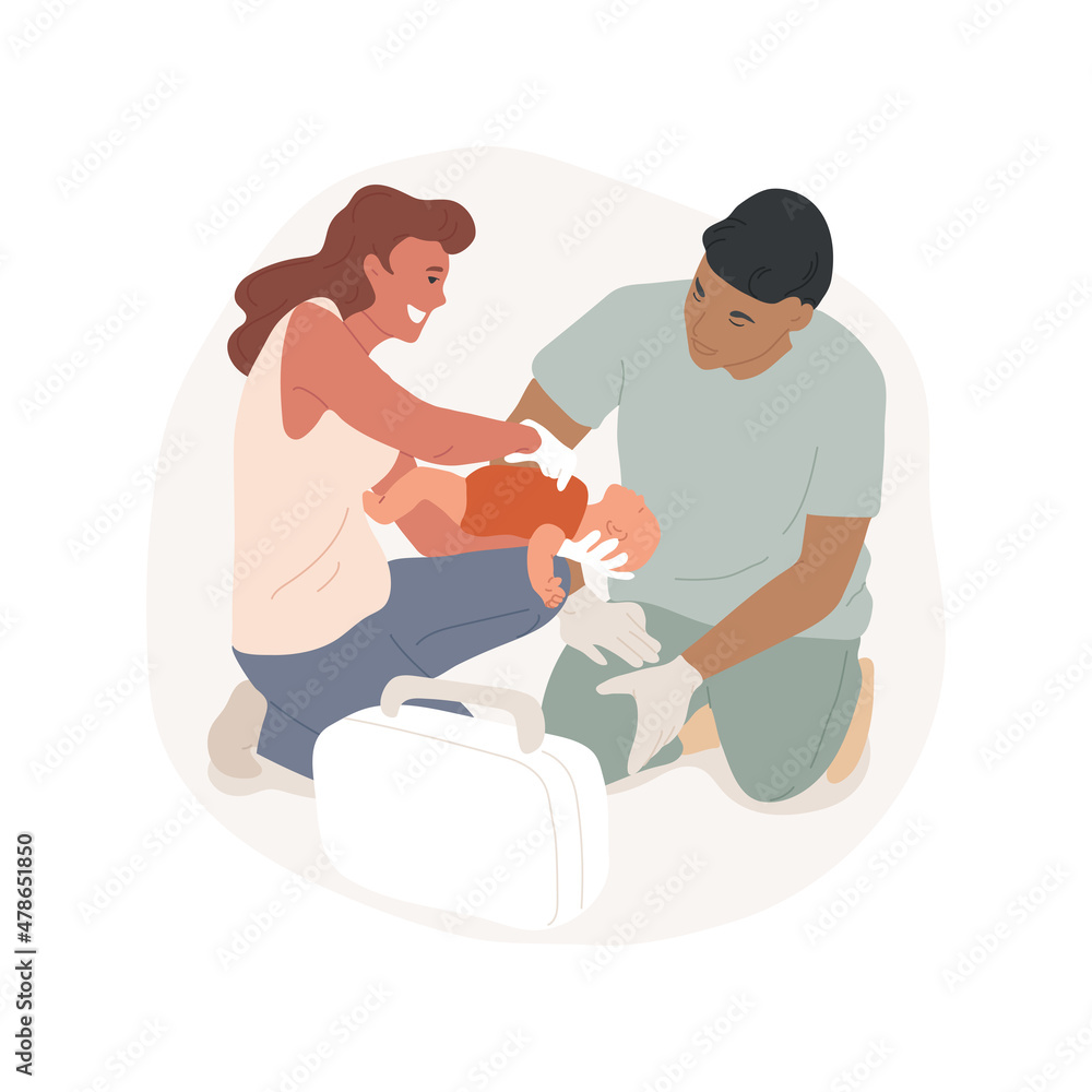 CPR course isolated cartoon vector illustration. First aid course for parent, adult making heart massage on dummy, cardiopulmonary resuscitation, emergency training, saving life cartoon vector.