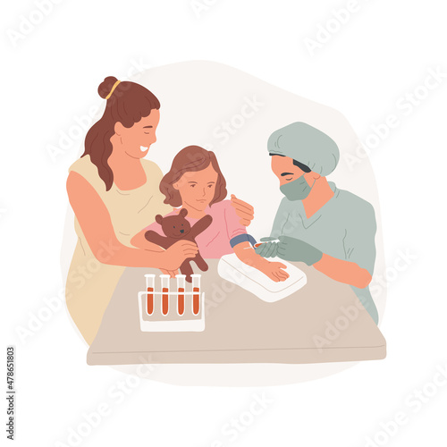 Blood test isolated cartoon vector illustration. Getting a test, nurse taking blood from childs arm, kid crying in doctors office, family healthcare, distraction with a toy cartoon vector.