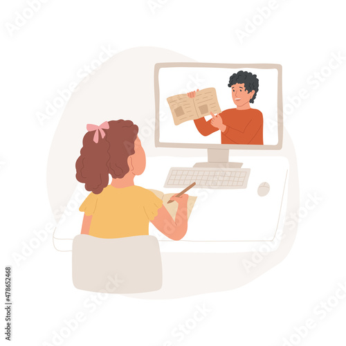 Online tutoring isolated cartoon vector illustration. Teenager helping kids with studies, boy enjoying his first job, guy tutoring online with pleasure, summer work cartoon vector.