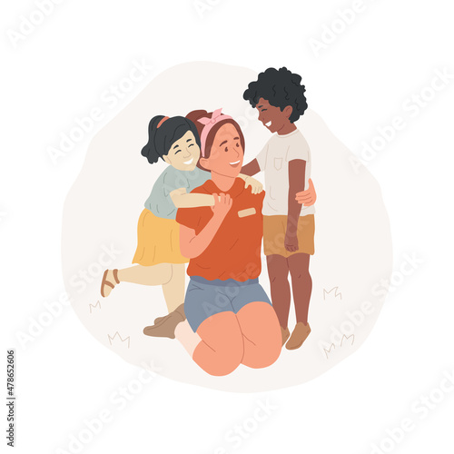 Camp counselor isolated cartoon vector illustration. Happy teenage girl becoming camp counselor, enjoying socializing with children in camp, teens first job, summer work cartoon vector.