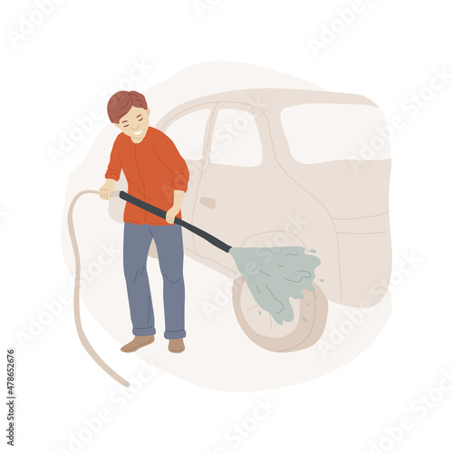 Car washing isolated cartoon vector illustration. Motivated boy diligently cleaning car, teenager first job, summer work, vehicle washing service, teen working at carwash cartoon vector.