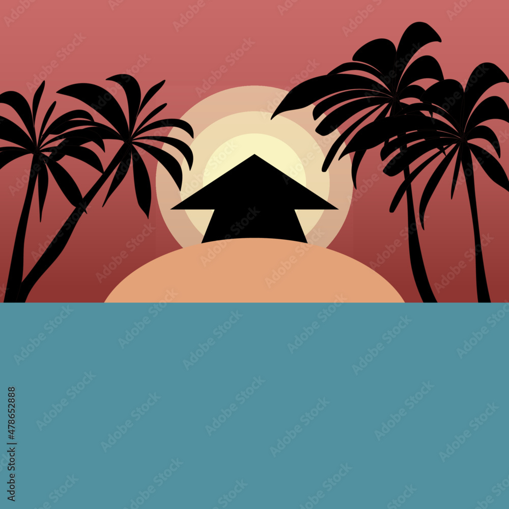 Vector illustration with bungalow on the beach with palm tree and ocean 